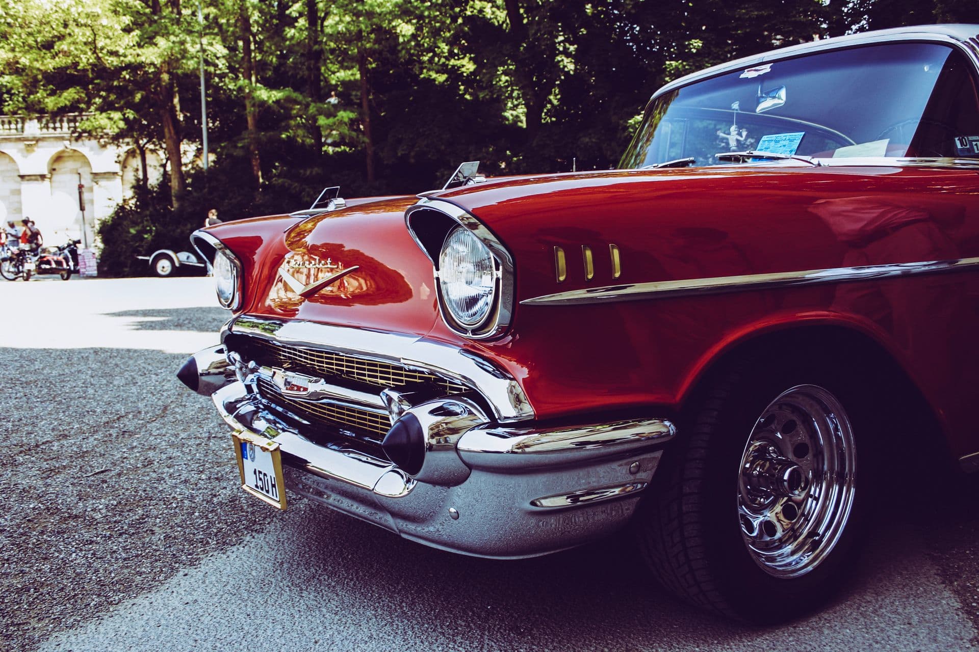A red 1957 Chevrolet Bel Air with chrome detailing